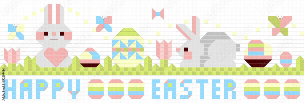 Fototapeta premium PrintCharming Easter Tile Decor with Bunnies, Eggs, Flowers and Butterflies. Seamless border, Party Decoration Concept. Hand-Drawn Vector Illustration, Not AI