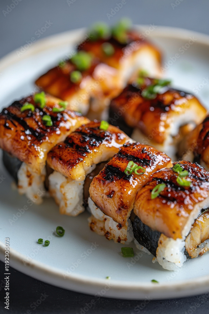 Grilled eel sushi rolls, close-up view. Perfectly seared, glistening with glaze, garnished with green onions. Delicious Japanese cuisine. Grilled eel sushi rolls, close-up view. Perfectly seared, glistening with glaze, garnished with green onions. Delicious Japanese cuisine.