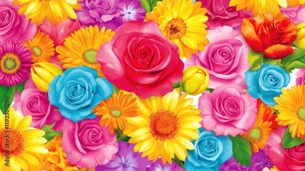 Fototapeta premium Vibrant colorful roses, gerbera daisies, tulips, and other flowers in a lush bouquet.