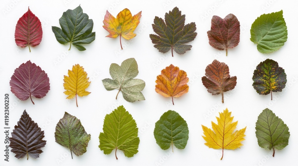 Fototapeta premium Autumn leaves collection, various colors and shapes arranged on white background.