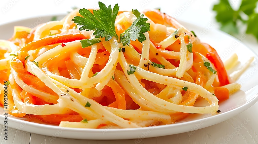 Creamy Pasta with Roasted Red Peppers and Parsley Garnish. Creamy Pasta with Roasted Red Peppers and Parsley Garnish.