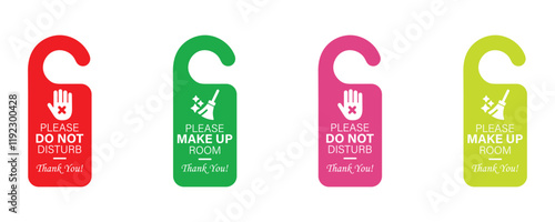 Do nor disturb, please make up room door tag vector icon set isolated on white background.