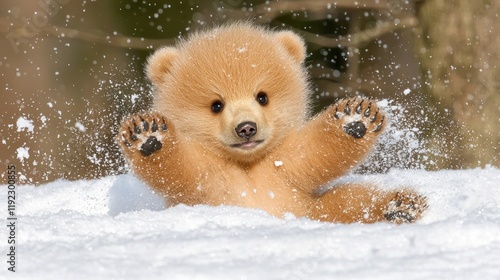 A captivating angle of a bear cub playing in the snow, taken from a low perspective. The cub s fluffy fur is dusted with snowflakes as it tumbles and rolls in the winter landscape. The surrounding photo