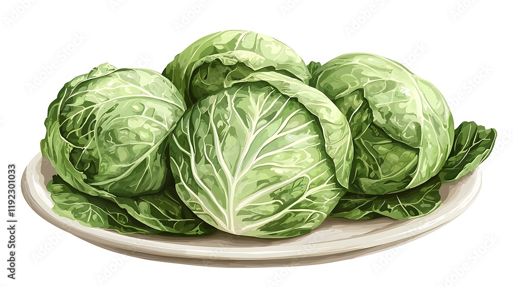 Fototapeta premium Fresh Green Cabbages on a Plate A Detailed Illustration of Four Whole Heads of Cabbage.