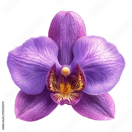 Detailed Close-Up of a Dark Purple Orchid Flower with Veined Petals and Vibrant Center, isolated with transparent background