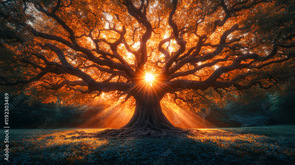 Majestic tree stretches its branches under a vibrant sunset in a tranquil forest setting Majestic tree stretches its branches under a vibrant sunset in a tranquil forest setting