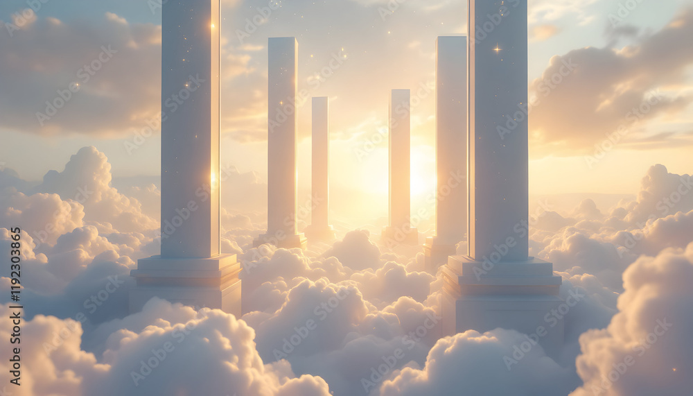 Fototapeta premium Serene Pillars in a Heavenly Sunset: A Dreamlike Cloudscape