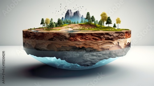 Earth land Soil layers 3D Illustration round soil ground cross section float landscape fantasy floating island