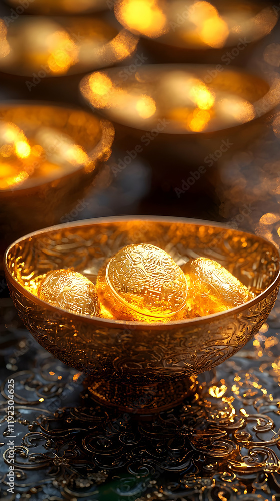 Golden Eggs in Ornate Bowl: Luxury, Wealth Golden Eggs in Ornate Bowl: Luxury, Wealth