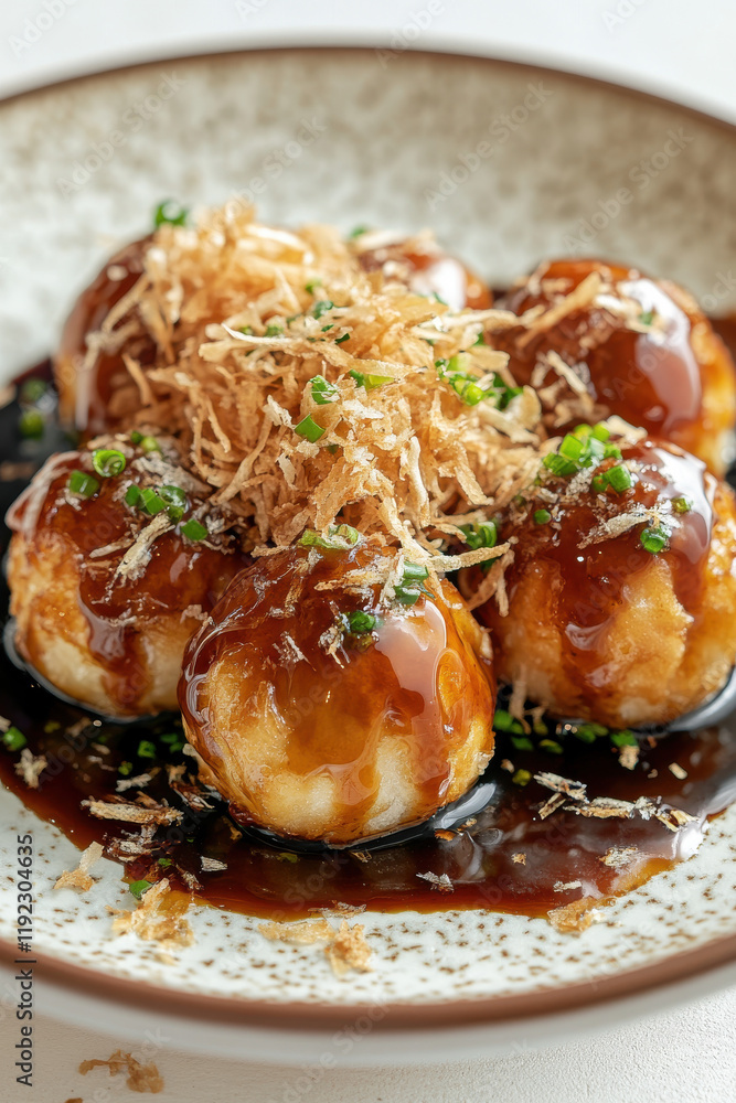 Savory takoyaki balls, glazed with a rich sauce and topped with crispy fried onions and green onions. A delicious Japanese street food treat! Savory takoyaki balls, glazed with a rich sauce and topped with crispy fried onions and green onions. A delicious Japanese street food treat!