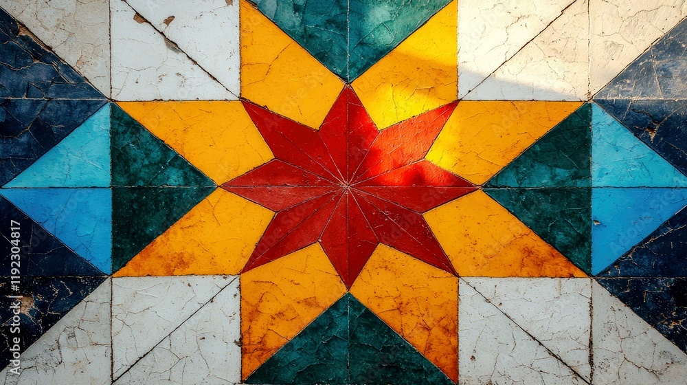 Fototapeta premium Vibrant Geometric Tile Pattern: A Colorful Mosaic of Star and Triangles. Vintage Architecture and Design Texture Background