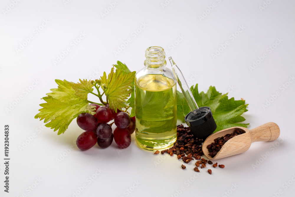 Grape seed oil in small bottle and bunch of grapes together.