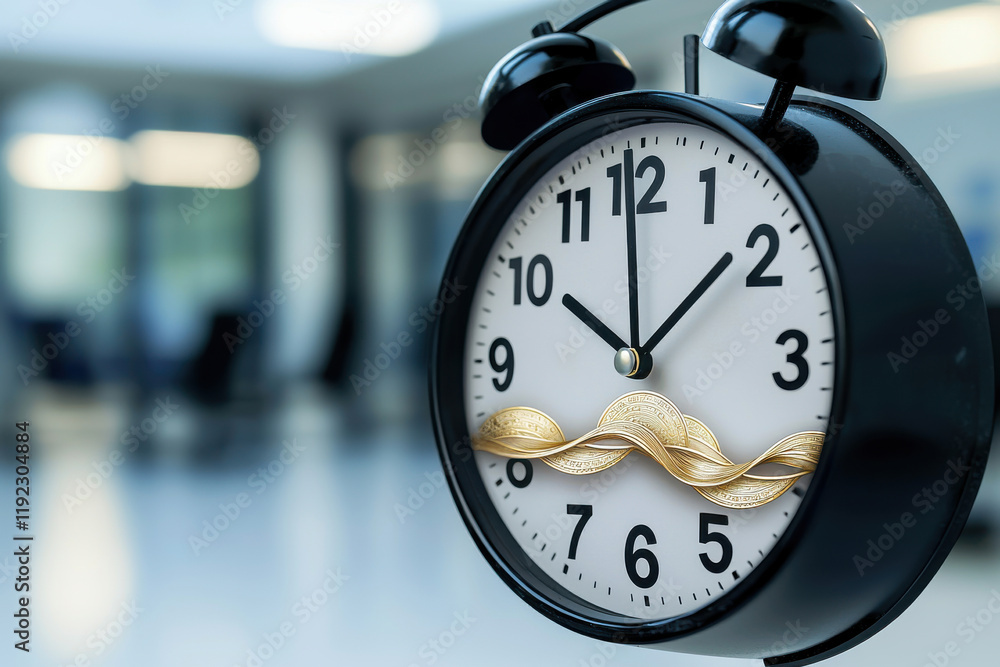 Clock with Flowing Gold Coins in Office Clock with Flowing Gold Coins in Office