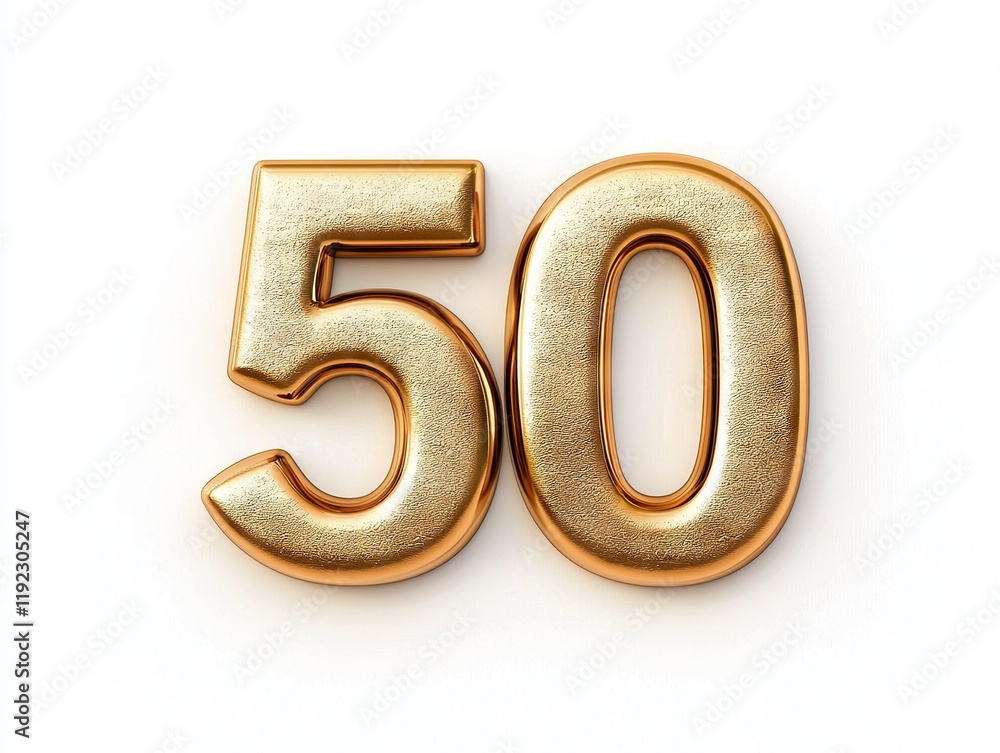 Golden number 50 displayed on white background, ideal for celebrations and announcements Golden number 50 displayed on white background, ideal for celebrations and announcements