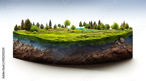 Earth land Soil layers 3D Illustration round soil ground cross section float landscape fantasy floating island