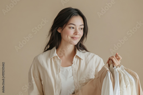 Woman thoughtfully chooses from a selection of neutral-toned clothing items hanging on a rack. Soft lighting and a calm atmosphere enhance the image.