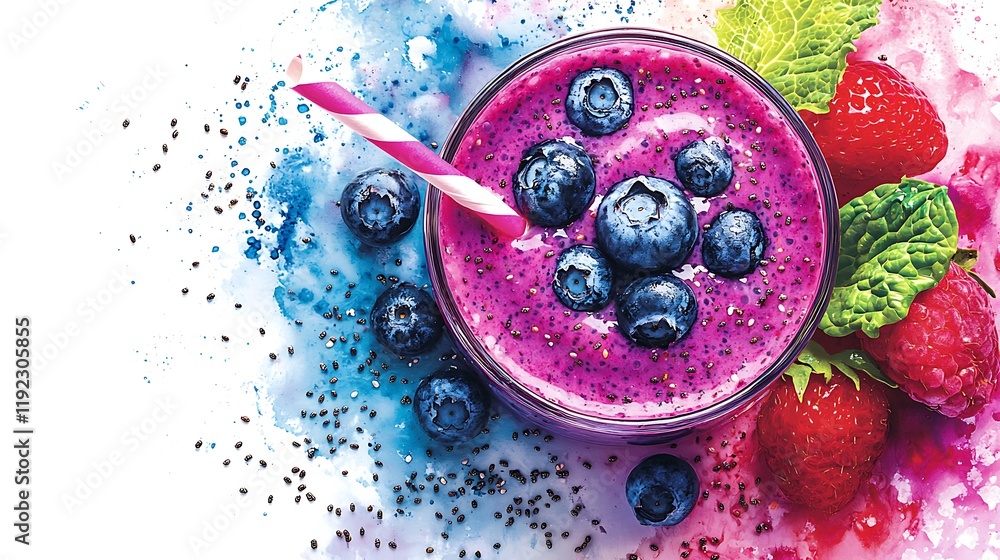 Vibrant Blueberry and Raspberry Smoothie in Glass with Chia Seeds, Against an Artistic Watercolor Background. Vibrant Blueberry and Raspberry Smoothie in Glass with Chia Seeds, Against an Artistic Watercolor Background.