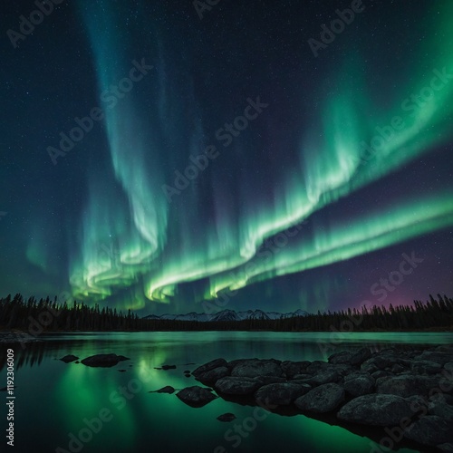 A calm lake under a sky filled with swirling aurora borealis lights.

 photo