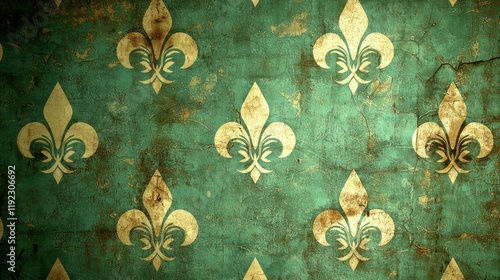 Vintage Fleur-de-lis Wallpaper: Grunge Green and Gold Antique Wall Texture Pattern Background