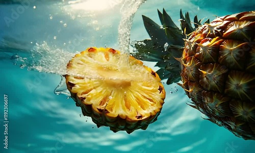 Fresh pineapple slices splashing into clear blue water, creating dynamic bubbles and ripples, evoking a tropical feel