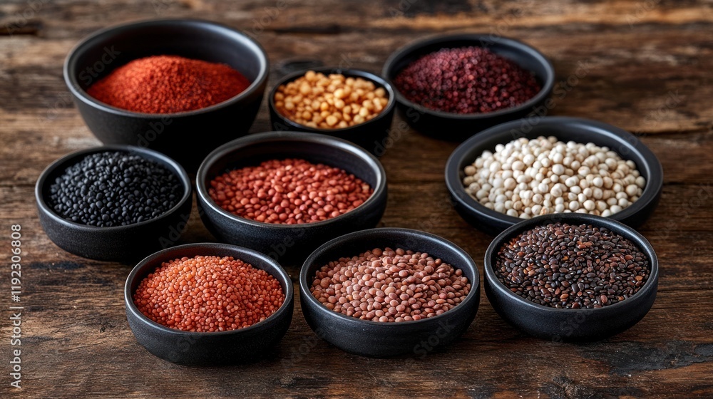 Assorted grains and powders in bowls on rustic wood. Assorted grains and powders in bowls on rustic wood.