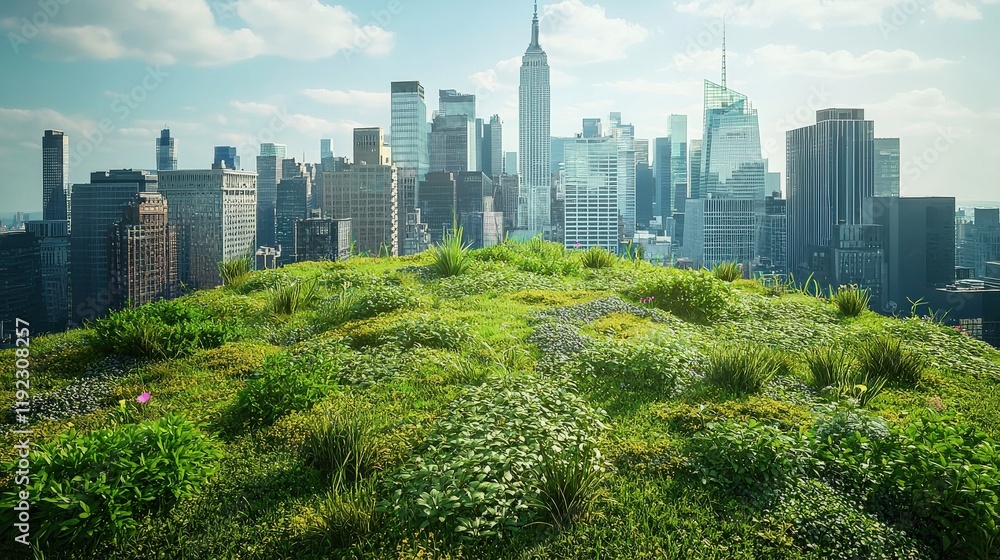 Obraz premium A vibrant green hill contrasts with a bustling city skyline, showcasing nature's beauty amidst urban architecture.