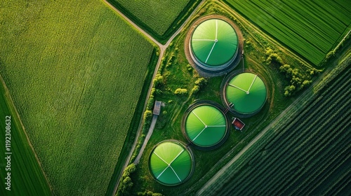 Aerial view of four green biogas digesters in a lush agricultural field.
