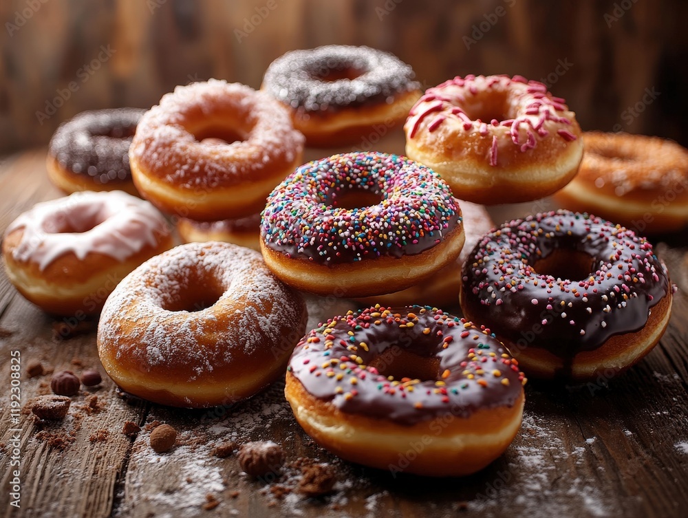 A delightful assortment of assorted donuts, glazed, sprinkled, and frosted, arranged artfully on a rustic wooden surface. A delightful assortment of assorted donuts, glazed, sprinkled, and frosted, arranged artfully on a rustic wooden surface.