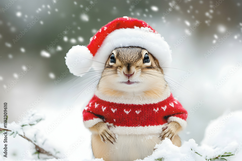Festive chipmunk dressed in a red sweater and Santa hat, enjoying snowfall for a fun winter holiday vibe. Generative AI Festive chipmunk dressed in a red sweater and Santa hat, enjoying snowfall for a fun winter holiday vibe. Generative AI