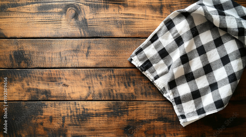 Checkered cloth on wooden table provides a rustic backdrop for culinary creations Checkered cloth on wooden table provides a rustic backdrop for culinary creations