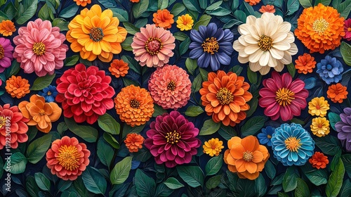 Colorful flowers with lush green leaves.