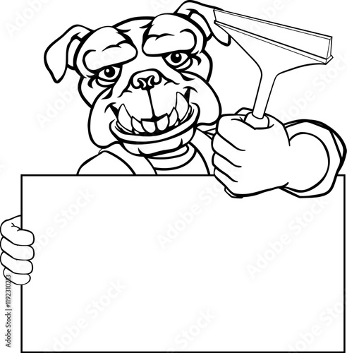 A bulldog window cleaner or car wash cleaning cartoon mascot man holding a squeegee washing tool