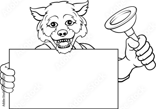 A wolf plumber handyman plumbing construction cartoon mascot man holding a drain plunger tool.