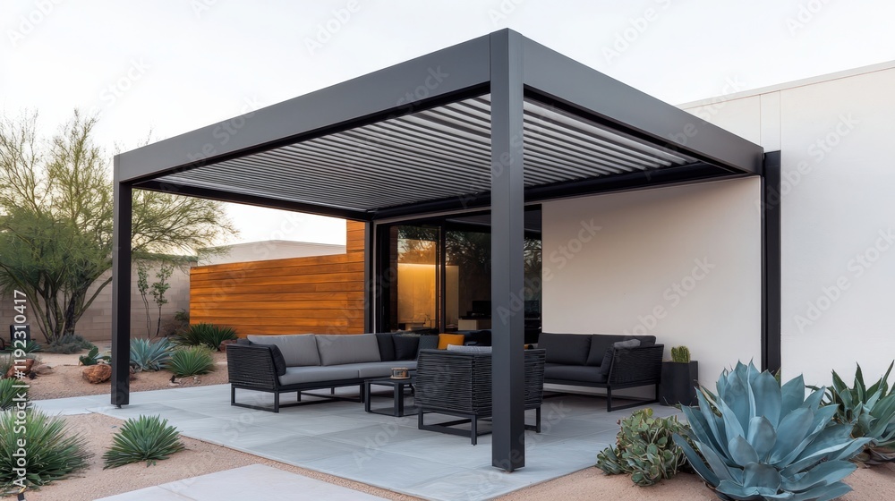 Obraz premium Patio furniture seating and minimal, A modern outdoor pergola with sleek furniture, surrounded by desert plants, creating a stylish relaxation space.