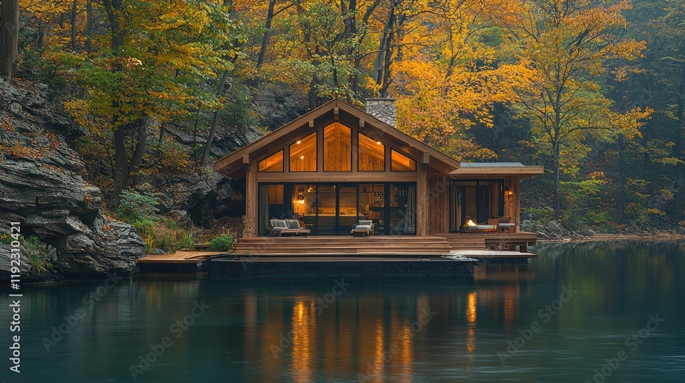 Obraz premium Cozy lakeside cabin surrounded by autumn foliage.
