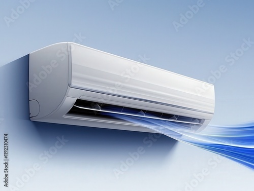 Minimalist white wall-mounted air conditioner releasing cool air with wavy blue lines, set against a light blue background. photo