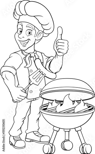 A chef cartoon barbecue cook out brazier cook man. Giving a thumbs up and holding a hotdog or grilled sausage on a BBQ fork mascot character illustration.