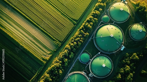 Aerial view of a biogas plant next to green agricultural fields.
