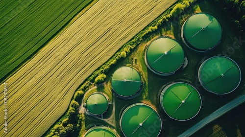 Aerial view of green biogas digesters beside agricultural fields.