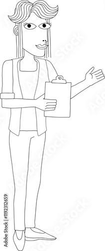 A woman with a clipboard pointing out or showing something business illustration. In an original abstract cubist flat modern cartoon style.