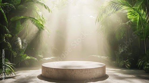 Tropical jungle scene, sunlit platform, product display photo