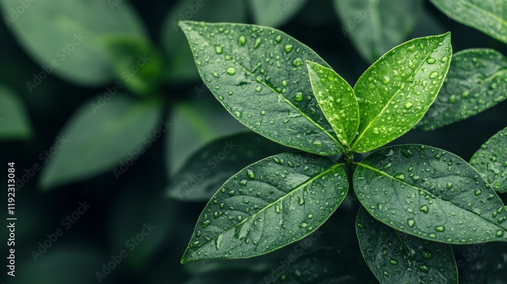 Fototapeta premium Fresh Green Leaves with Water Droplets on a Dark Background