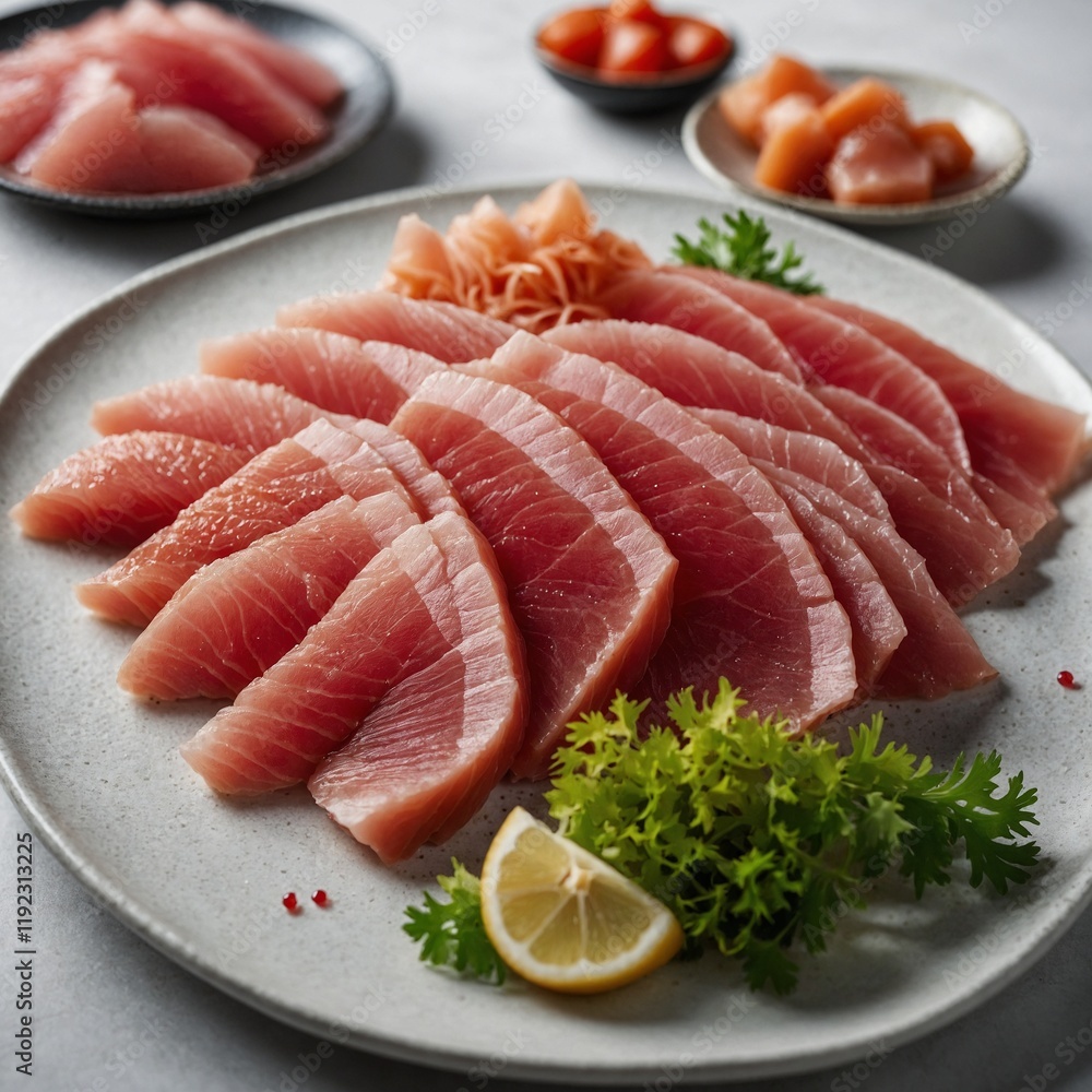 Sliced sashimi-grade tuna arranged elegantly on a white background. Sliced sashimi-grade tuna arranged elegantly on a white background.
