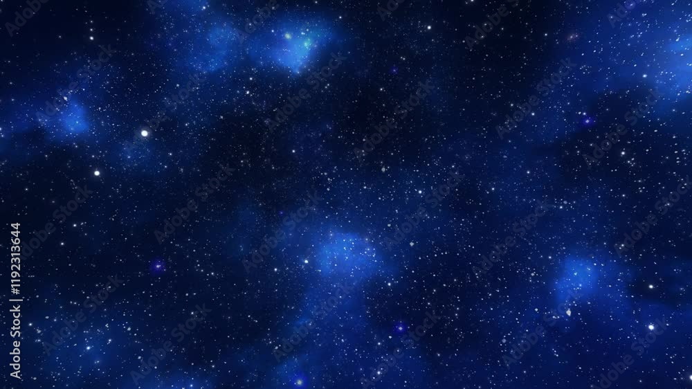 Blue nebula filling space, shining brightly against the dark background of space. Stars and galaxy space sky night universe overlay virtual background video animation. High quality 4k footage.