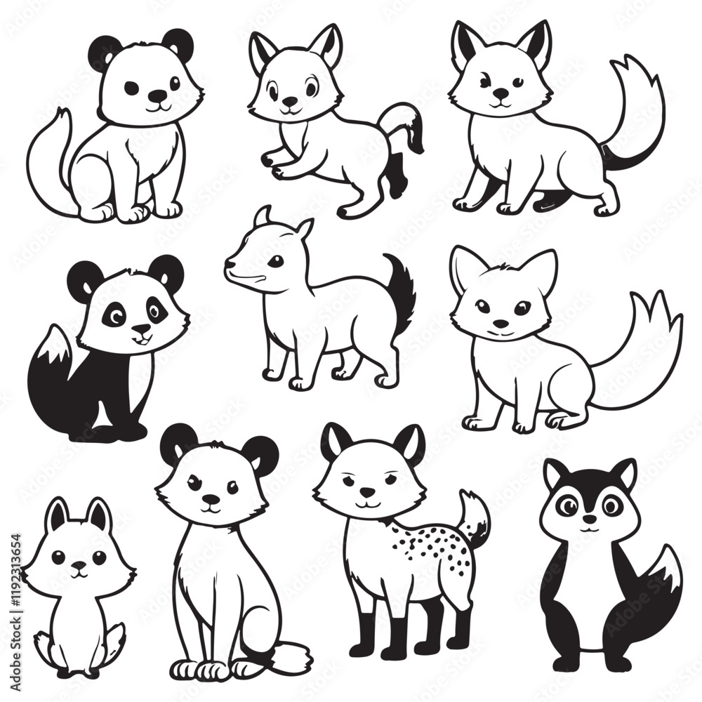 Fototapeta premium Black and white cute animal kids collection, sketch line art design, Adorable animal, domestic animal set silhouette vector, wild animal illustration.