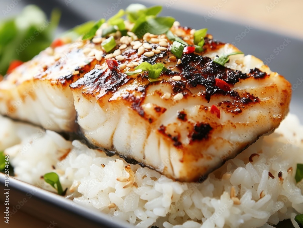 A traditional Asian rice dish with grilled fish. Featuring perfectly cooked rice and succulent fish. Emphasizing a balanced and flavorful meal. Ideal for Asian cuisine and healthy eating blogs. A traditional Asian rice dish with grilled fish. Featuring perfectly cooked rice and succulent fish. Emphasizing a balanced and flavorful meal. Ideal for Asian cuisine and healthy eating blogs.
