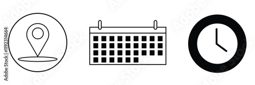 Time, date and address icon isolated set. Event elements. Clock, calendar and map icon vector illustration on white background. 