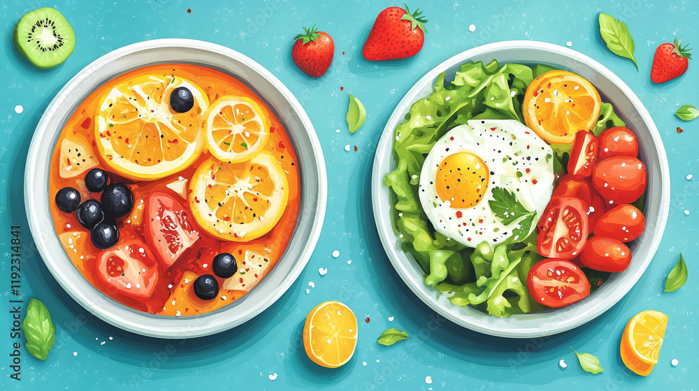 Brightly colored fruit and vegetable bowls on a vibrant blue background create a refreshing meal Brightly colored fruit and vegetable bowls on a vibrant blue background create a refreshing meal