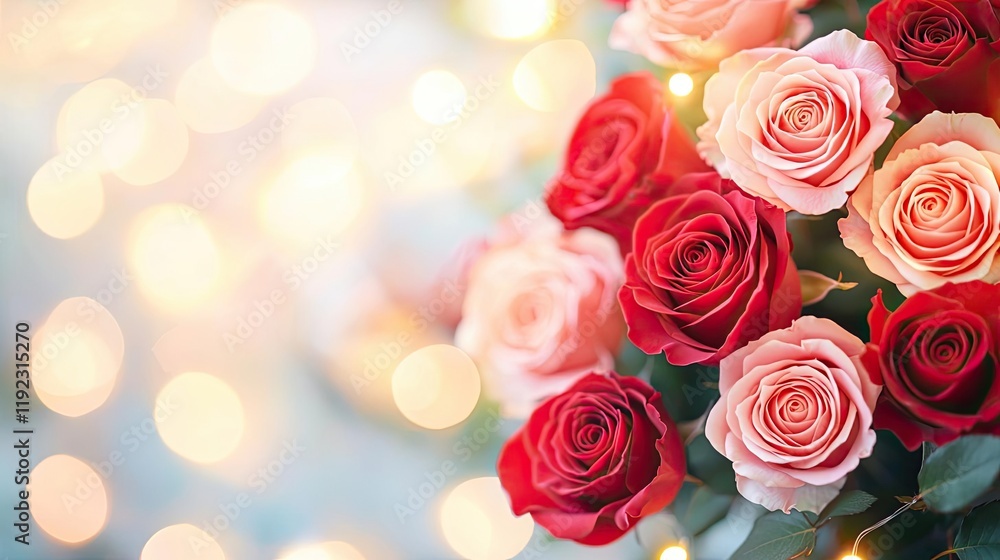 Valentine rose idea. A beautiful arrangement of red and pink roses with a soft background of sparkling lights. Valentine rose idea. A beautiful arrangement of red and pink roses with a soft background of sparkling lights.