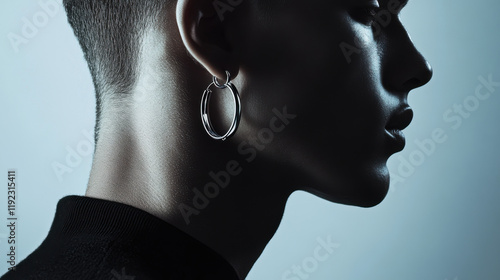 Close-up profile of a person wearing silver hoop earrings, short hair, and a dark turtleneck.